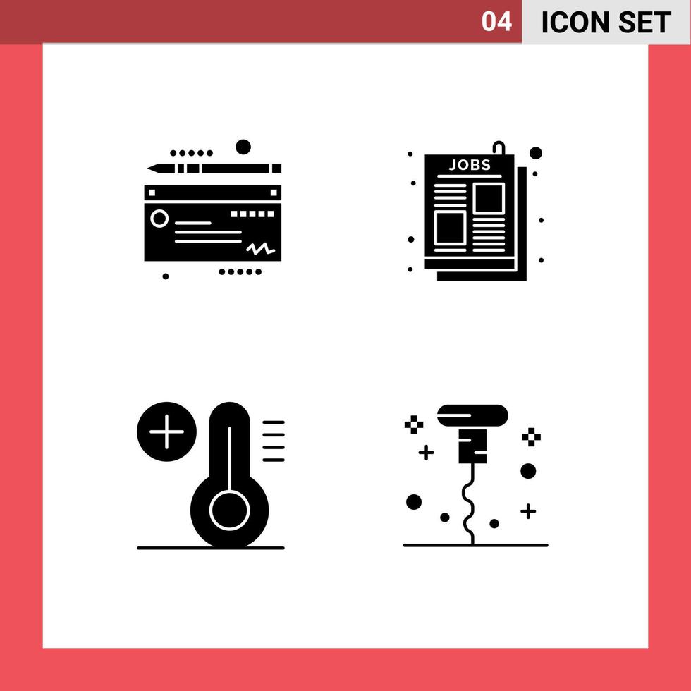 4 concept de glyphe solide pour les sites Web mobiles et applications annonce de température de l'argent annonce d'emploi tire-bouchon éléments de conception vectoriels modifiables vecteur