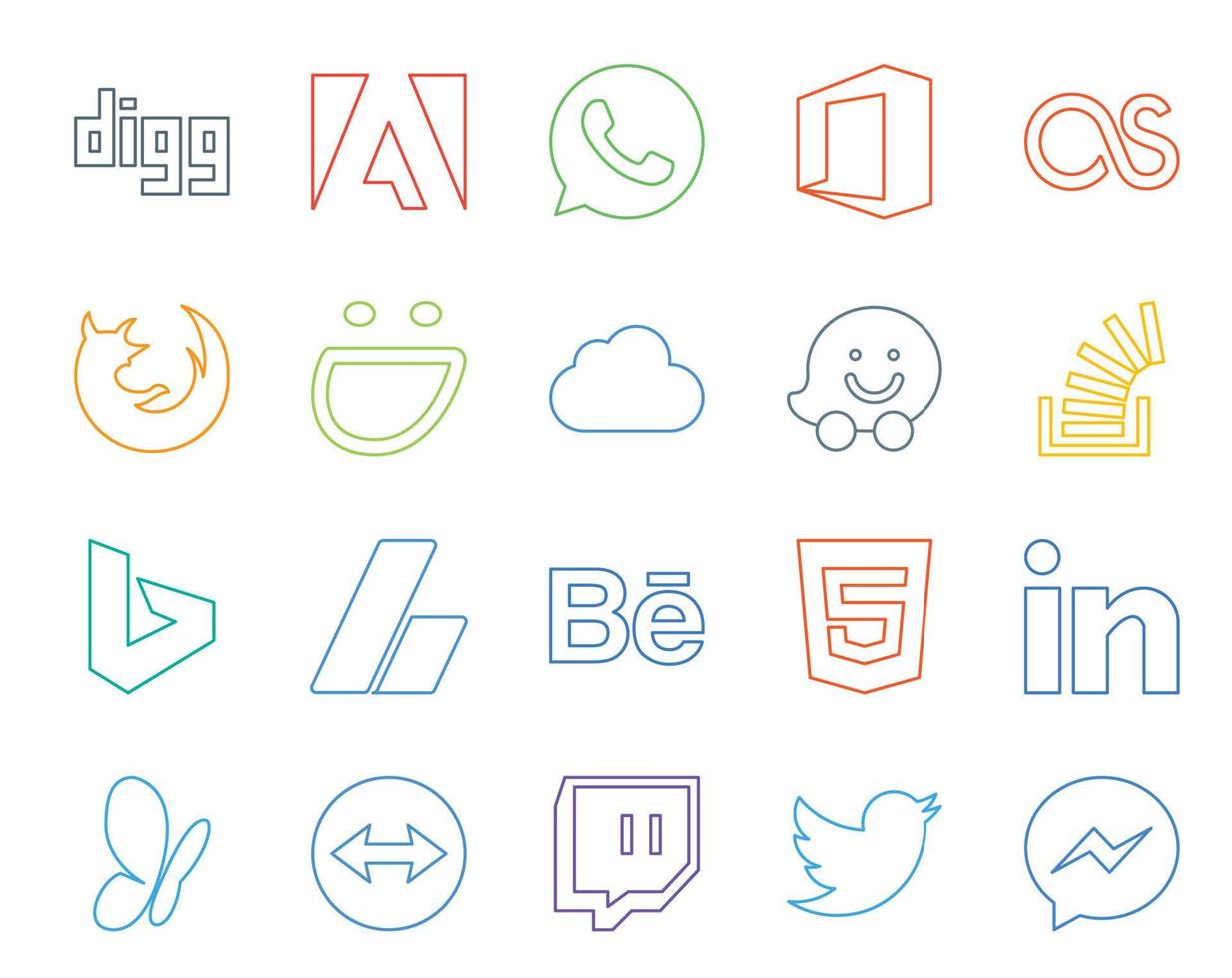 pack de 20 icônes de médias sociaux, y compris behance adsense icloud bing stock vecteur