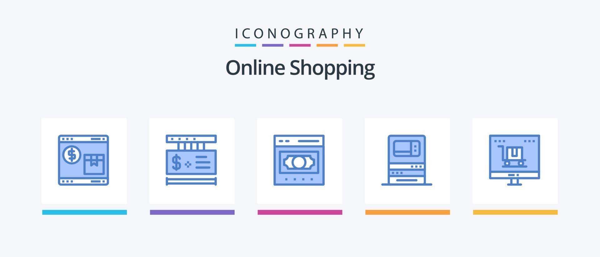 pack d'icônes bleues de 5 achats en ligne, y compris de l'argent. banque. achats. au m. de l'argent. conception d'icônes créatives vecteur