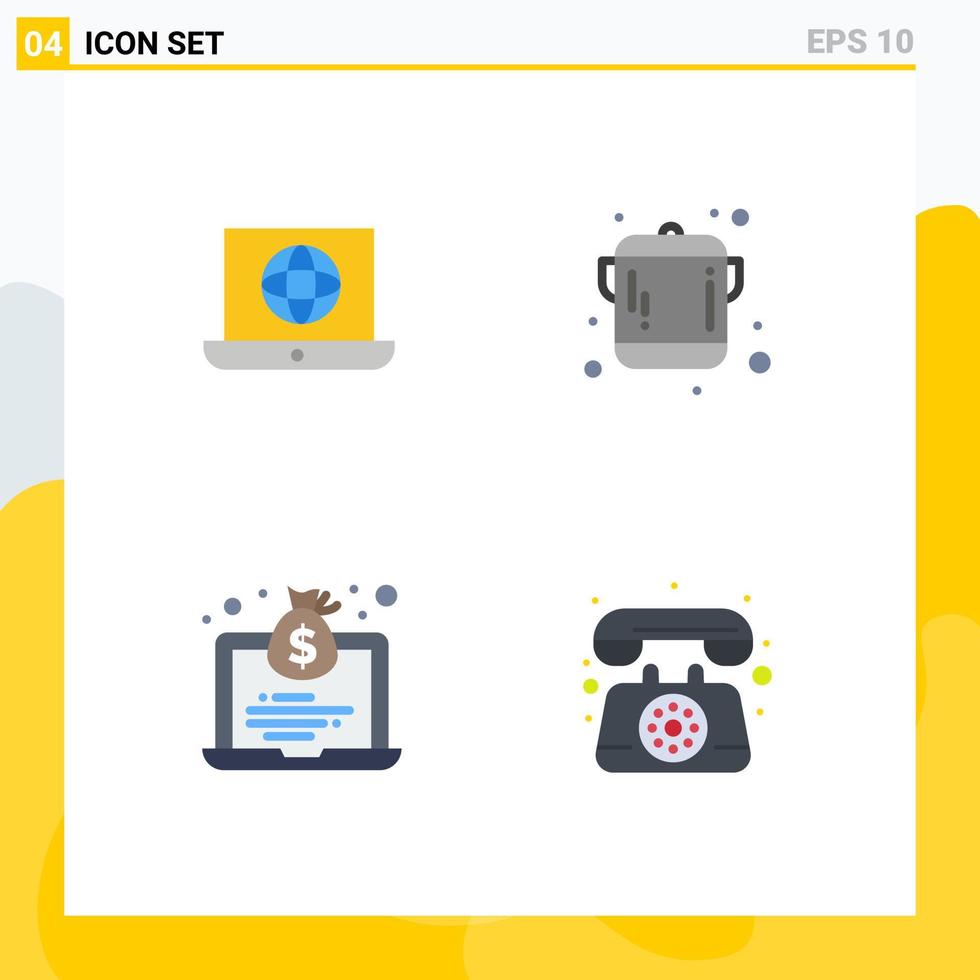 pack de 4 icônes plates créatives d'éléments de conception vectoriels modifiables de communication d'ustensile technique de sac d'ordinateur portable vecteur