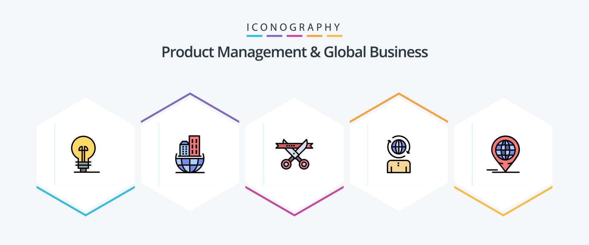 gestion des produits et pack d'icônes de 25 lignes remplies pour les affaires mondiales, y compris le forum. moderne. Entreprise. le management. Entreprise vecteur