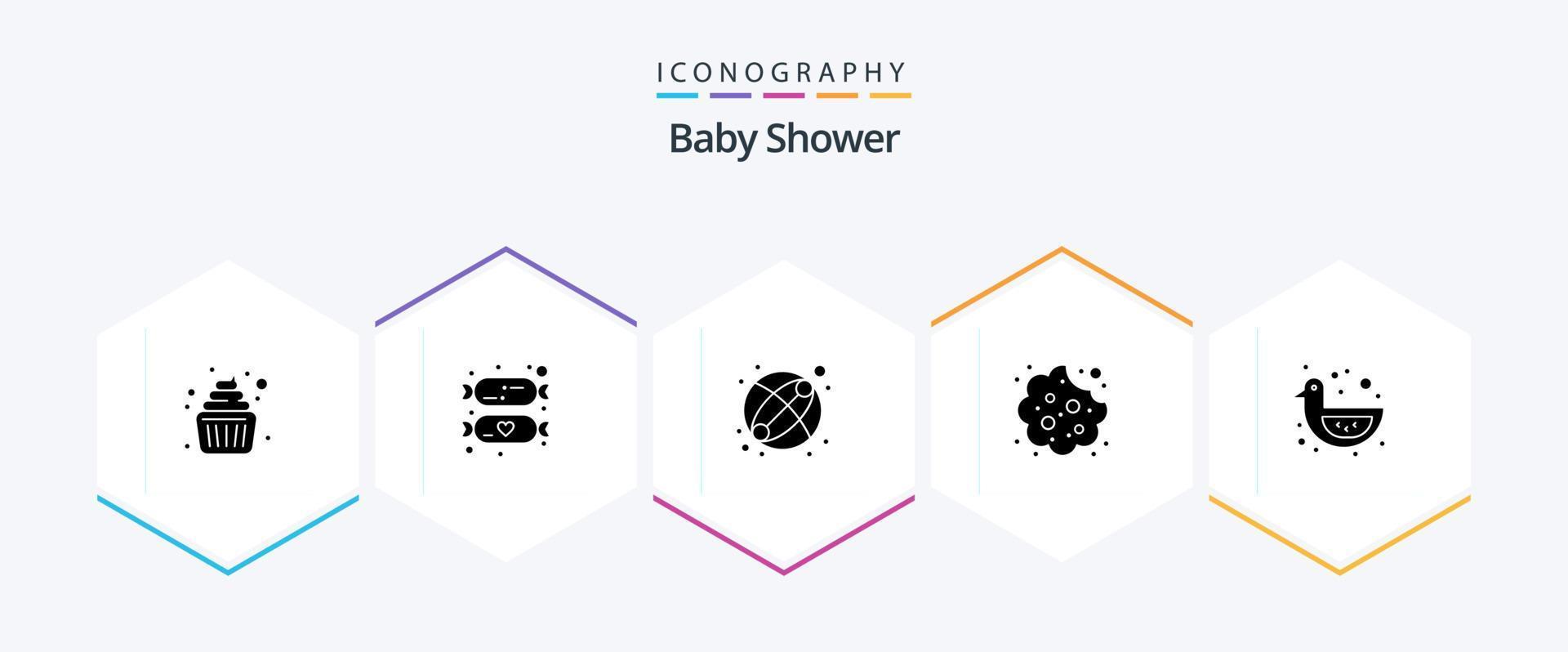 pack d'icônes de 25 glyphes de douche de bébé, y compris le canard de douche. bébé canard. de bébé. nourriture. biscuit vecteur