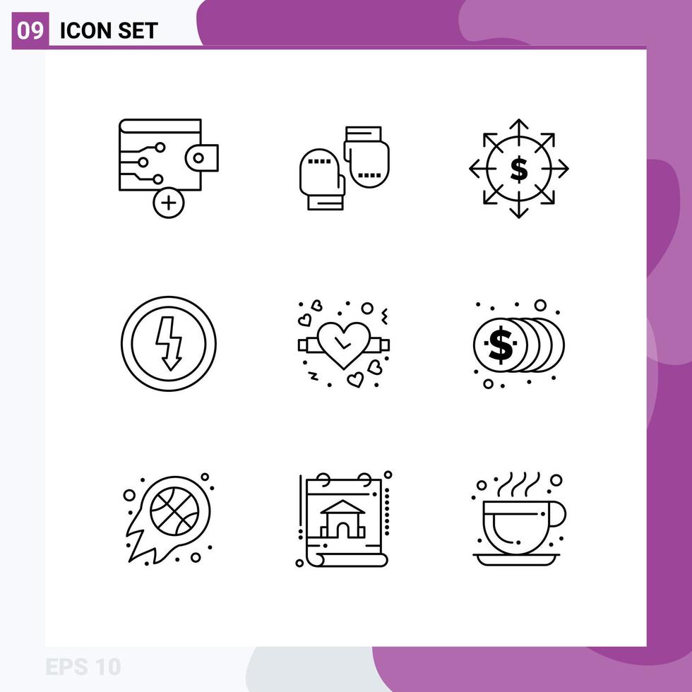 9 ensemble de contours d'interface utilisateur de signes et symboles modernes de dispositifs d'alimentation d'entreprise d'amour de montre éléments de conception vectoriels modifiables vecteur