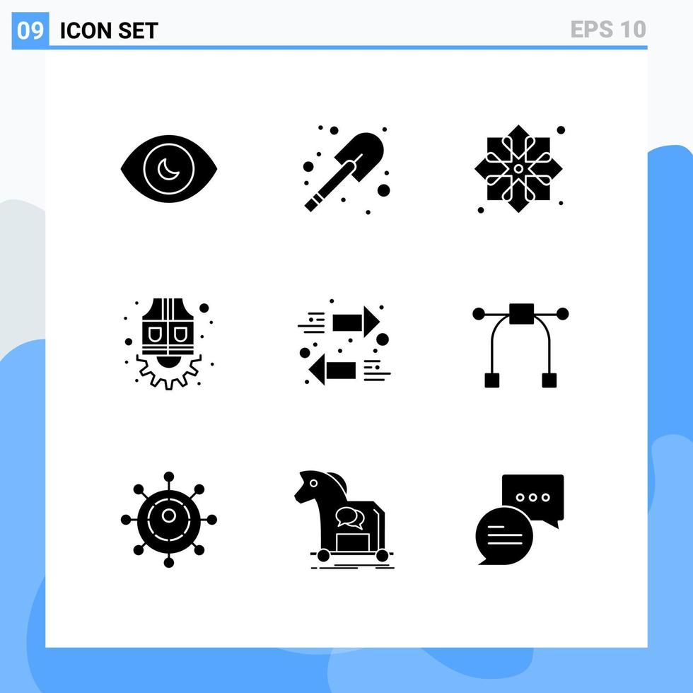 groupe de 9 glyphes solides modernes définis pour les éléments de conception vectoriels modifiables de veste de travail de modèle d'engrenage de flèches vecteur