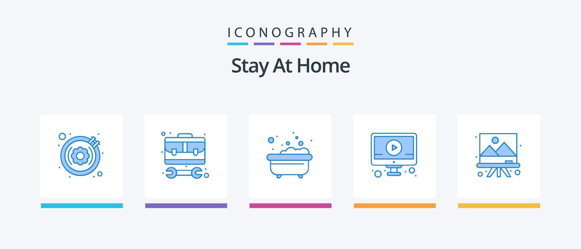 rester à la maison bleu 5 pack d'icônes comprenant l'art. tutoriels. travail. en ligne. douche. conception d'icônes créatives vecteur