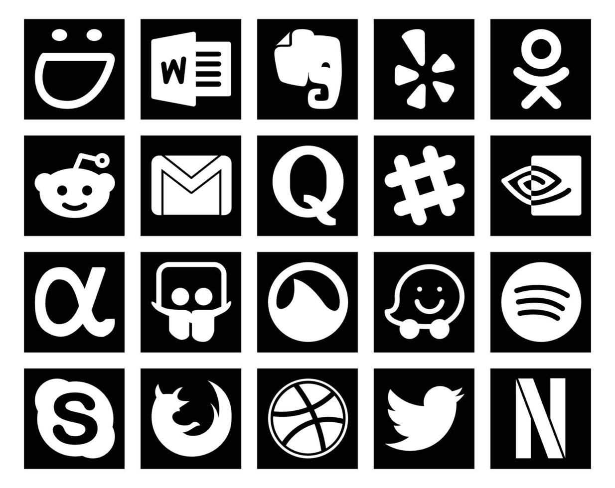 20 pack d'icônes de médias sociaux, y compris le chat net de l'application de messagerie waze slideshare vecteur