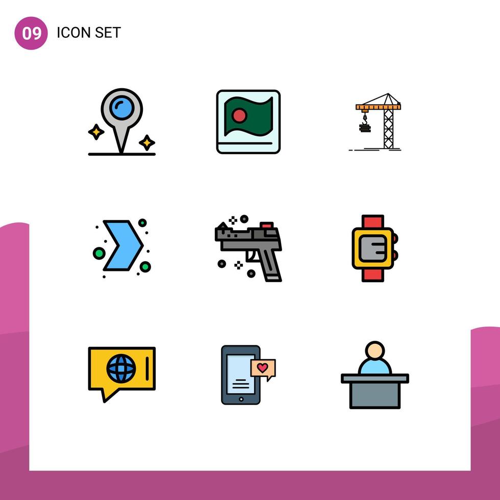 ensemble moderne de 9 pictogrammes de couleurs plates remplies d'armes à feu bâtiment droit flèche multimédia éléments de conception vectoriels modifiables vecteur
