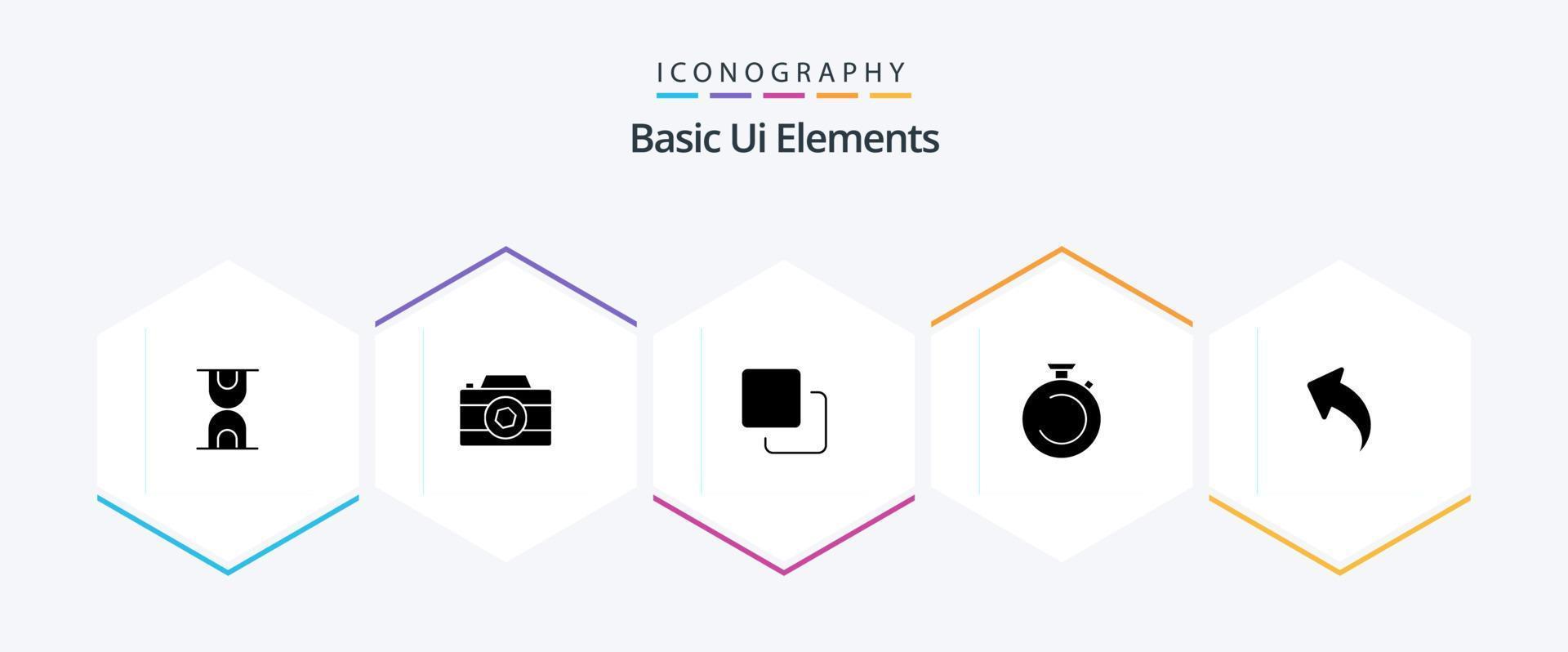 pack d'icônes de 25 glyphes d'éléments d'interface utilisateur de base, y compris à gauche. Regardez. médias. minuteur. l'horloge vecteur