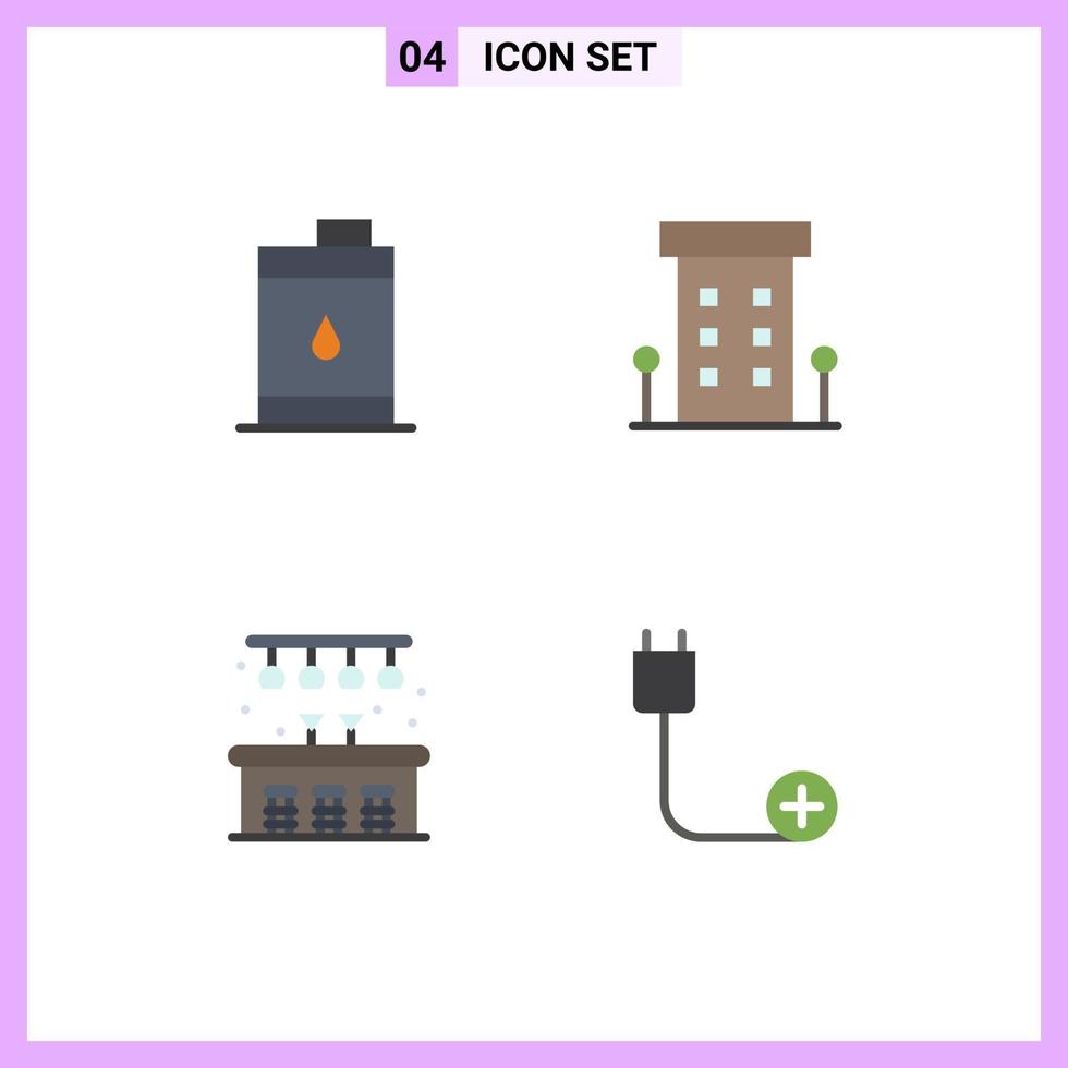 ensemble de pictogrammes de 4 icônes plates simples d'éléments de conception vectoriels modifiables de baril de magasin d'huile de ville avant pub vecteur