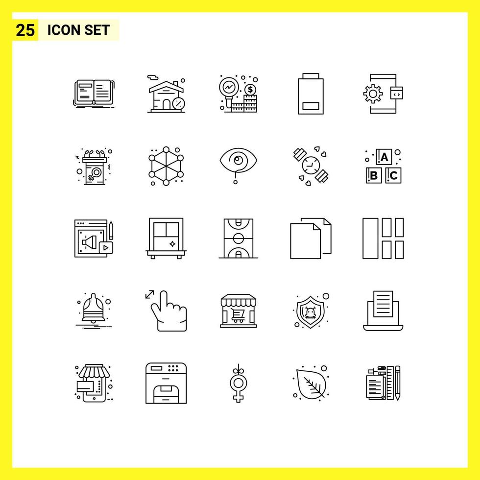 ligne d'interface mobile ensemble de 25 pictogrammes d'éléments de conception vectoriels modifiables de statut de codage entreprise batterie faible vecteur