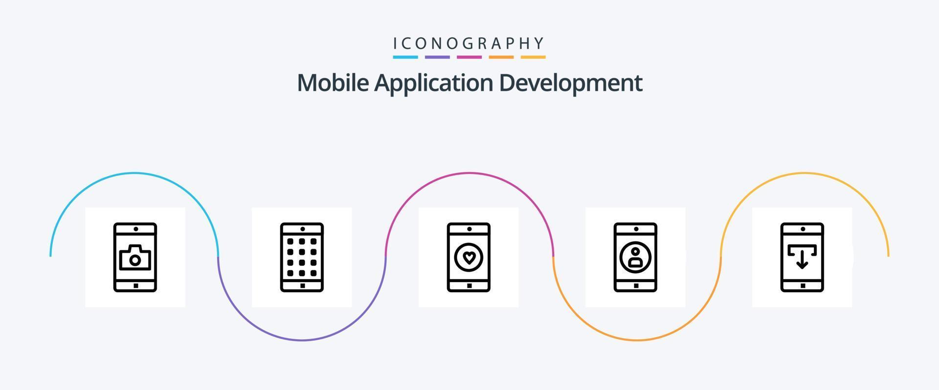 pack d'icônes ligne 5 de développement d'applications mobiles, y compris l'application. application mobile. application. portable. cœur vecteur