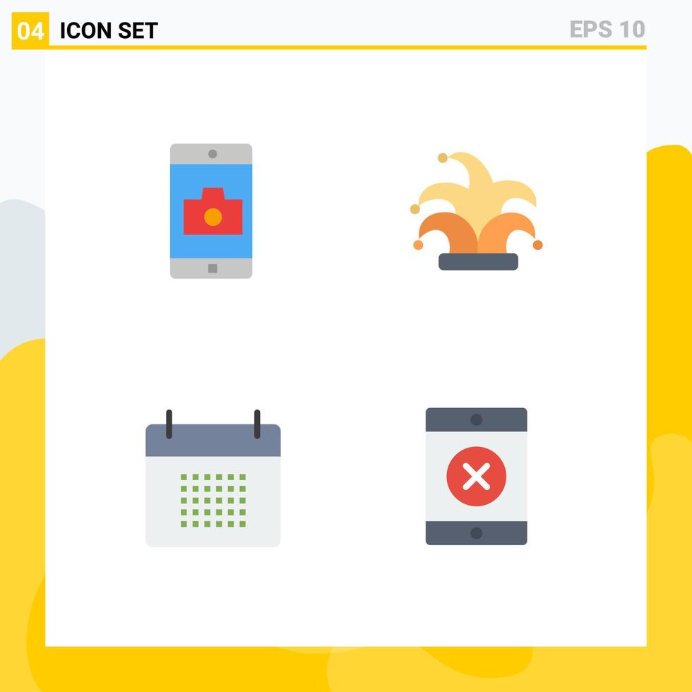 pictogramme ensemble de 4 icônes plates simples d'application calendrier caméra roi événement éléments de conception vectoriels modifiables vecteur