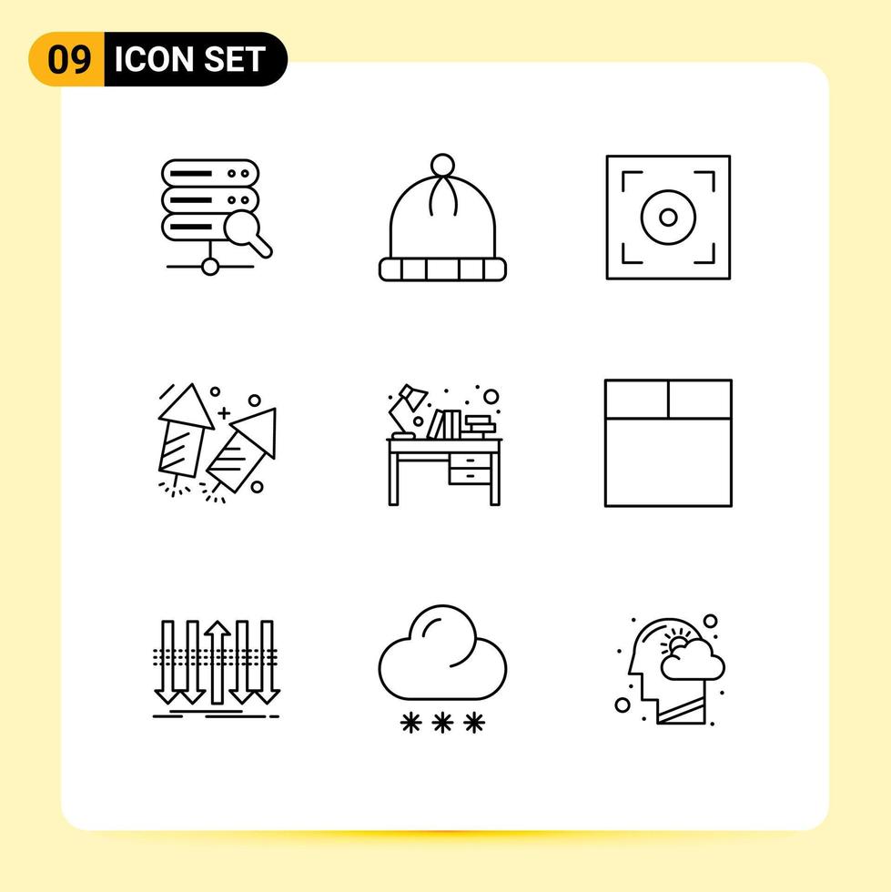 ensemble moderne de 9 contours et symboles tels que table d'étude intérieur vidéo bureau feu éléments de conception vectoriels modifiables vecteur