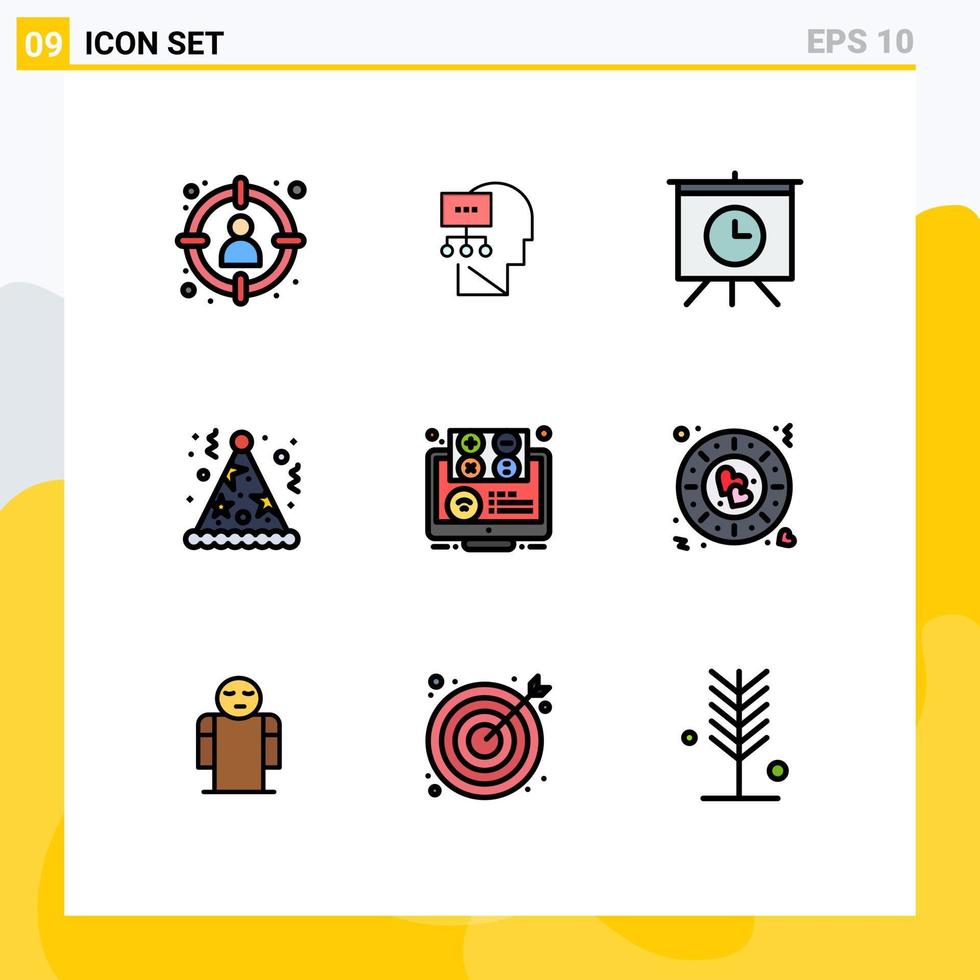 interface mobile fillline plat couleur ensemble de 9 pictogrammes d'éléments de conception vectoriels éditables d'anniversaire amusant tête de chapeau vecteur