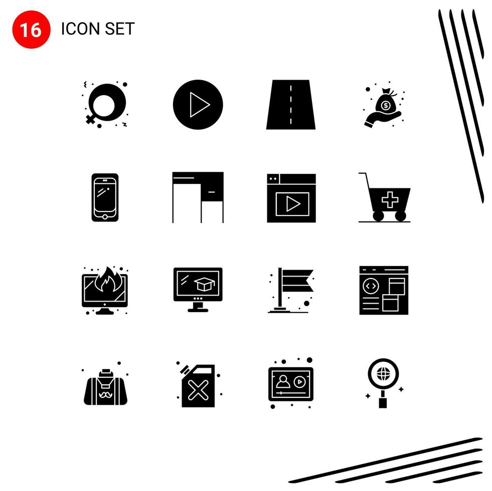 interface mobile glyphe solide ensemble de 16 pictogrammes d'éléments de conception vectoriels modifiables d'argent de téléphone de grille de téléphone intelligent huawei vecteur