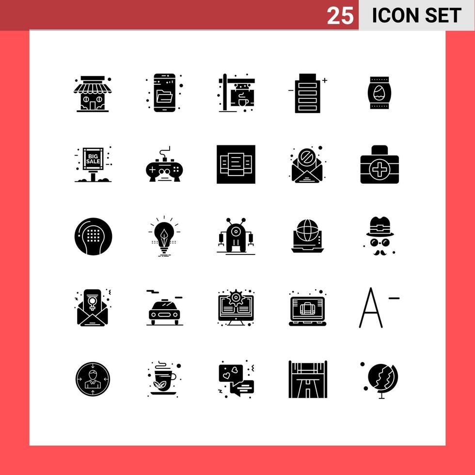 interface mobile ensemble de glyphes solides de 25 pictogrammes d'éléments de conception vectoriels modifiables de batterie d'énergie de café d'environnement de bouteille vecteur
