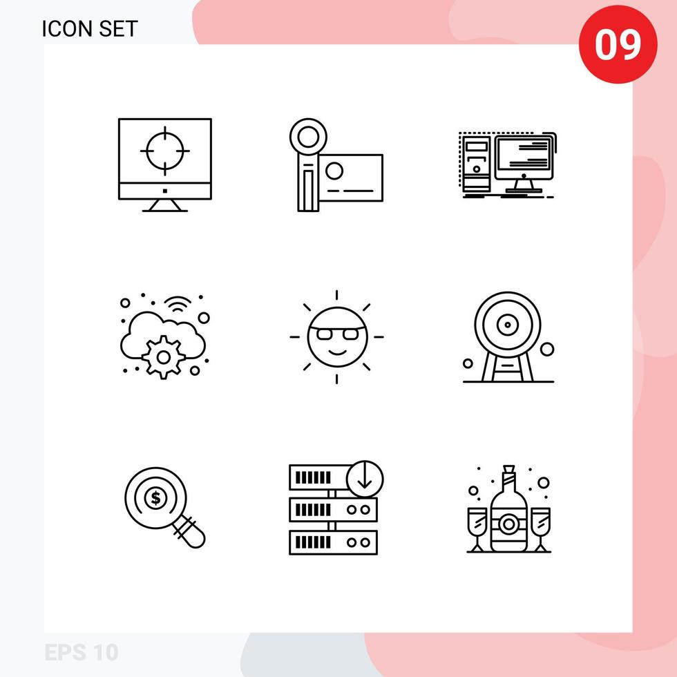 pack de lignes vectorielles modifiables de 9 contours simples d'éléments de conception vectorielle modifiables de poste de travail de nuage de caméra vidéo numérique vecteur