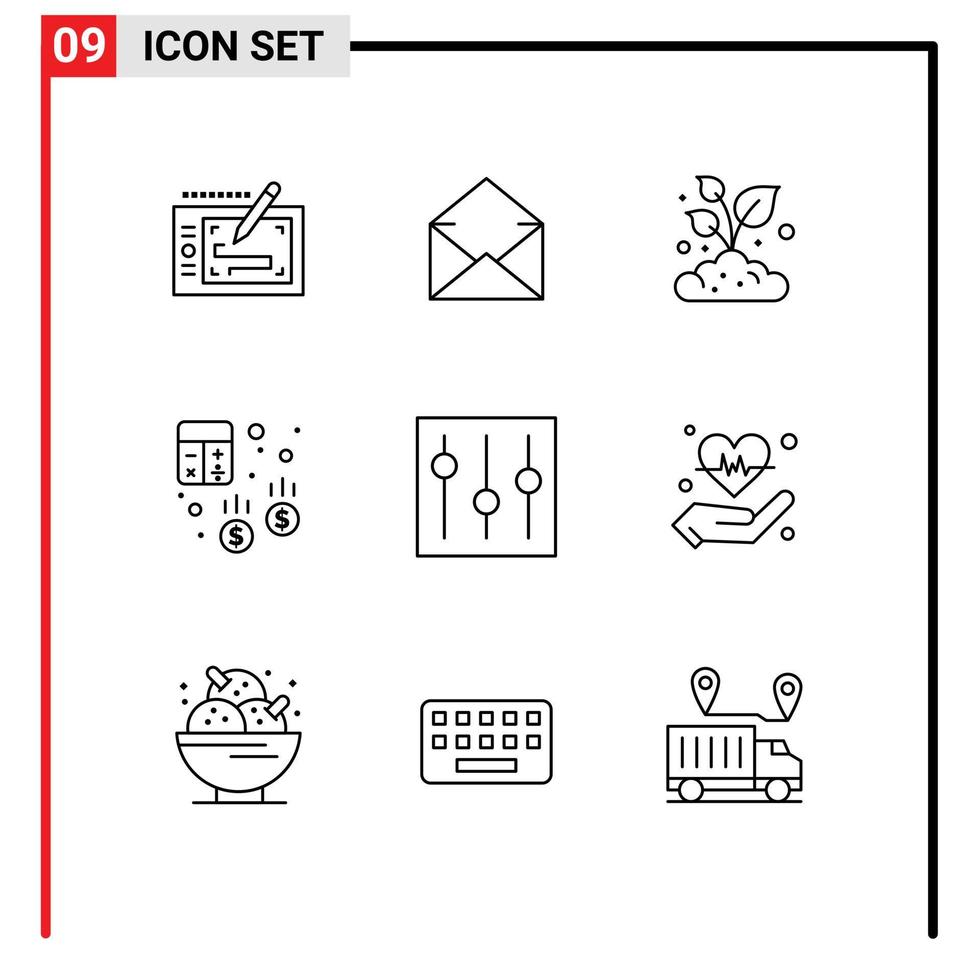 aperçu de l'interface mobile ensemble de 9 pictogrammes d'éléments de conception vectoriels modifiables de compte d'entreprise agricole calculatrice de base vecteur