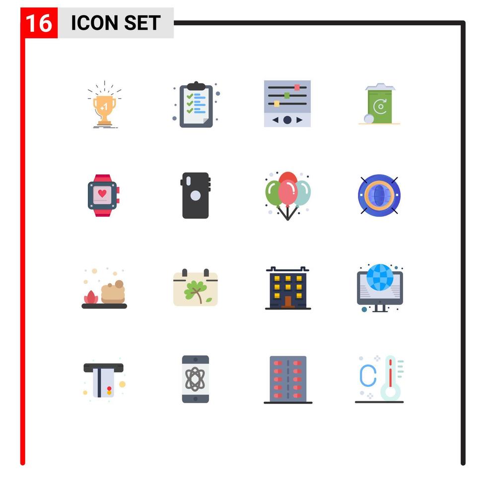 pack de 16 signes et symboles de couleurs plates modernes pour les supports d'impression Web tels que l'éducation à l'énergie de la montre à main recyclage des ondes sonores pack modifiable d'éléments de conception de vecteur créatif