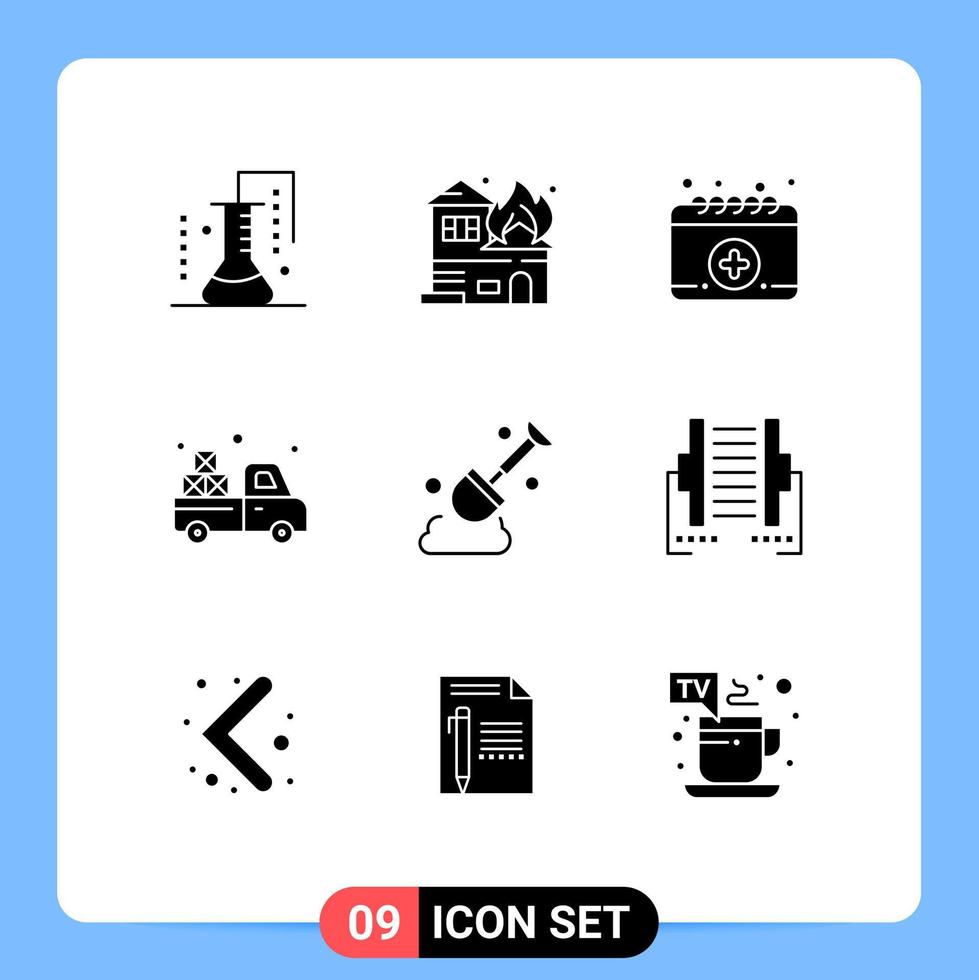 pack de 9 glyphes solides créatifs d'éléments de conception vectoriels modifiables de pelle agriculture house van carrier vecteur