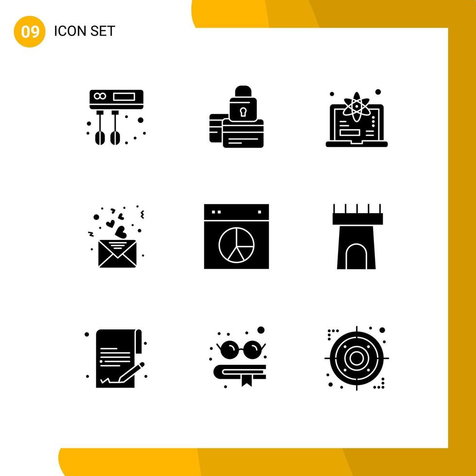 interface mobile glyphe solide ensemble de 9 pictogrammes de graphique amour sécurité cœur science éléments de conception vectoriels modifiables vecteur