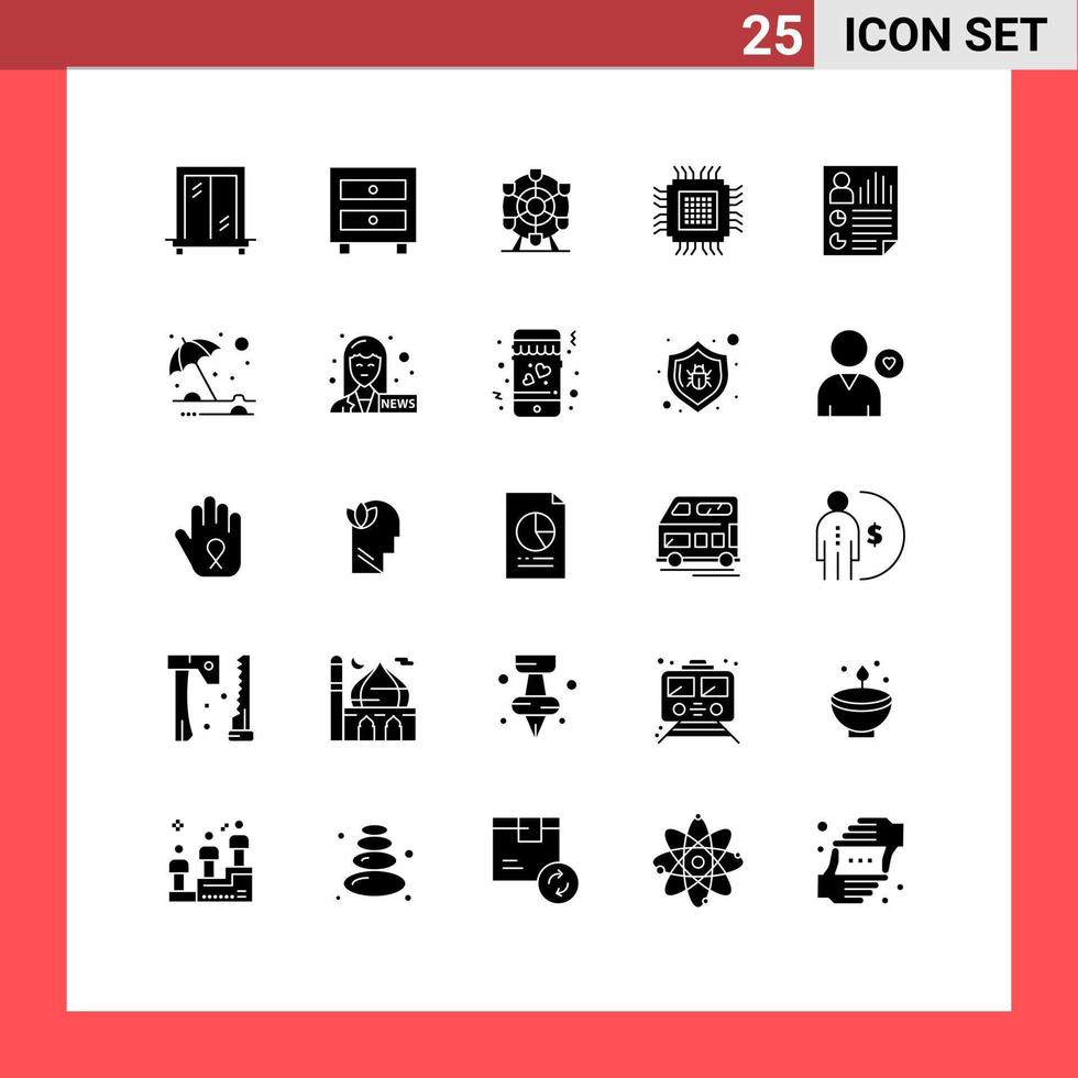 interface mobile glyphe solide ensemble de 25 pictogrammes d'éléments de conception vectorielle modifiables de base de données de données de roue de document de rapport vecteur