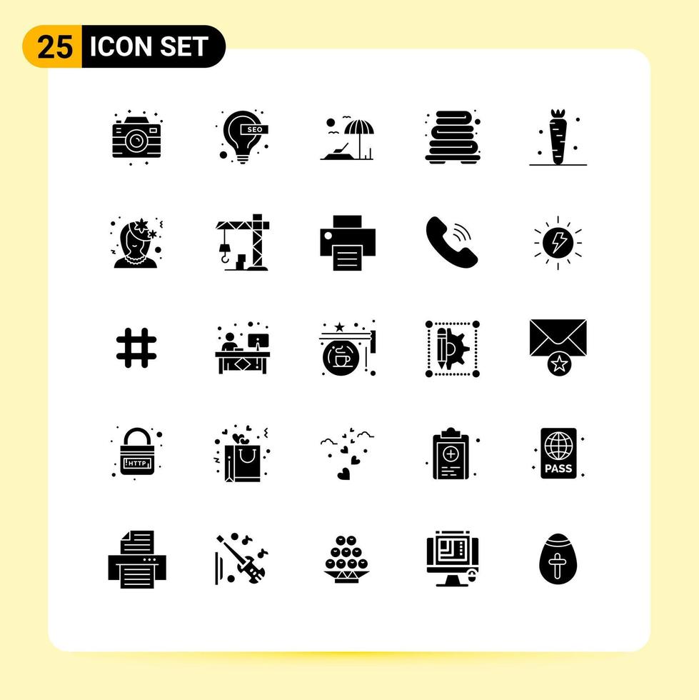 interface mobile glyphe solide ensemble de 25 pictogrammes d'éléments de conception vectoriels modifiables de chauffage de carotte de plage de boisson végétale vecteur