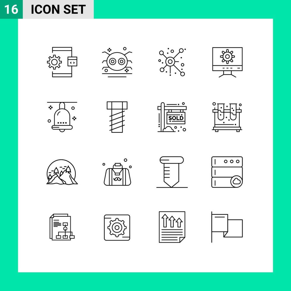 ensemble moderne de 16 contours et symboles tels que l'ordinateur araignée de réglage de la cloche partage des éléments de conception vectoriels modifiables vecteur