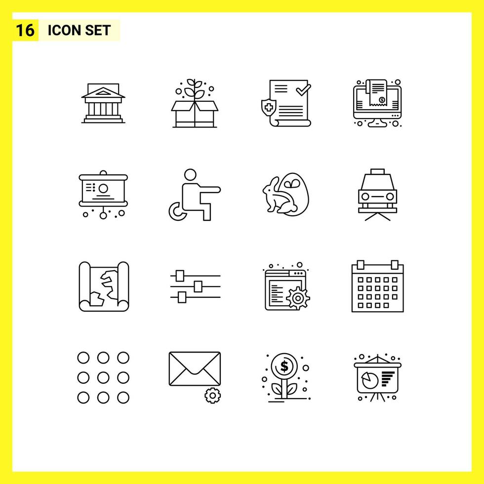 ensemble moderne de 16 contours pictogramme d'éléments de conception vectoriels modifiables de test de bouclier de jour de la terre de facture de liste vecteur