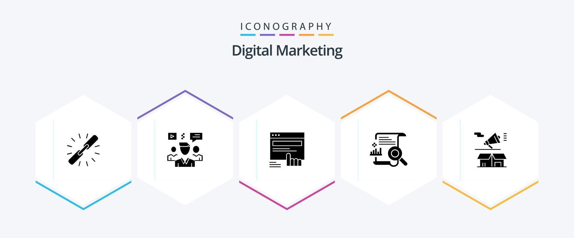 pack d'icônes de 25 glyphes de marketing numérique, y compris le fichier. graphique. vidéo. site Internet. toucher vecteur