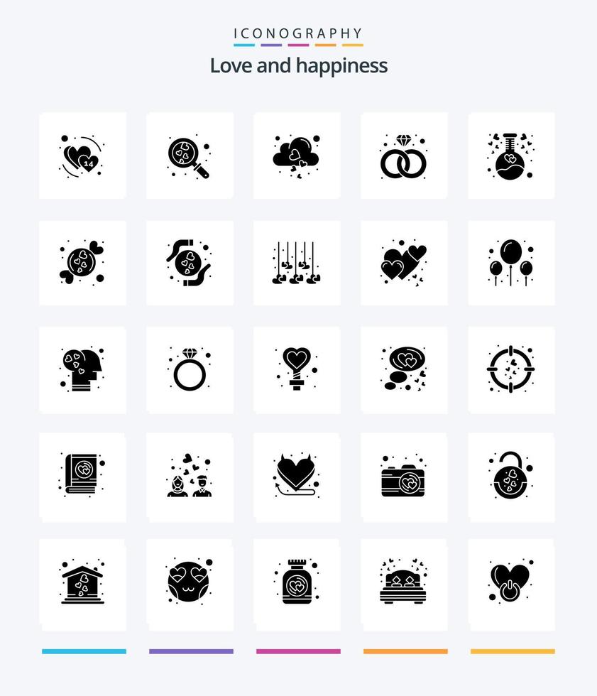 pack d'icônes noires unies de 25 glyphes d'amour créatif tel que le coeur. chimique. nuage. bague. diamant vecteur