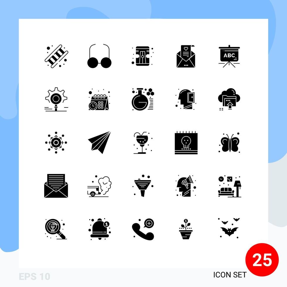 symboles d'icône universelle groupe de 25 glyphes solides modernes de cartable sac crayon carte de mariage lettre d'amour éléments de conception vectoriels modifiables vecteur