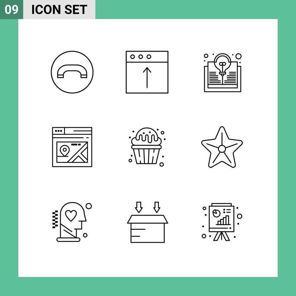 ensemble moderne de 9 contours et symboles tels que des éléments de conception vectoriels modifiables de page de carte de livre de cupcake alimentaire vecteur