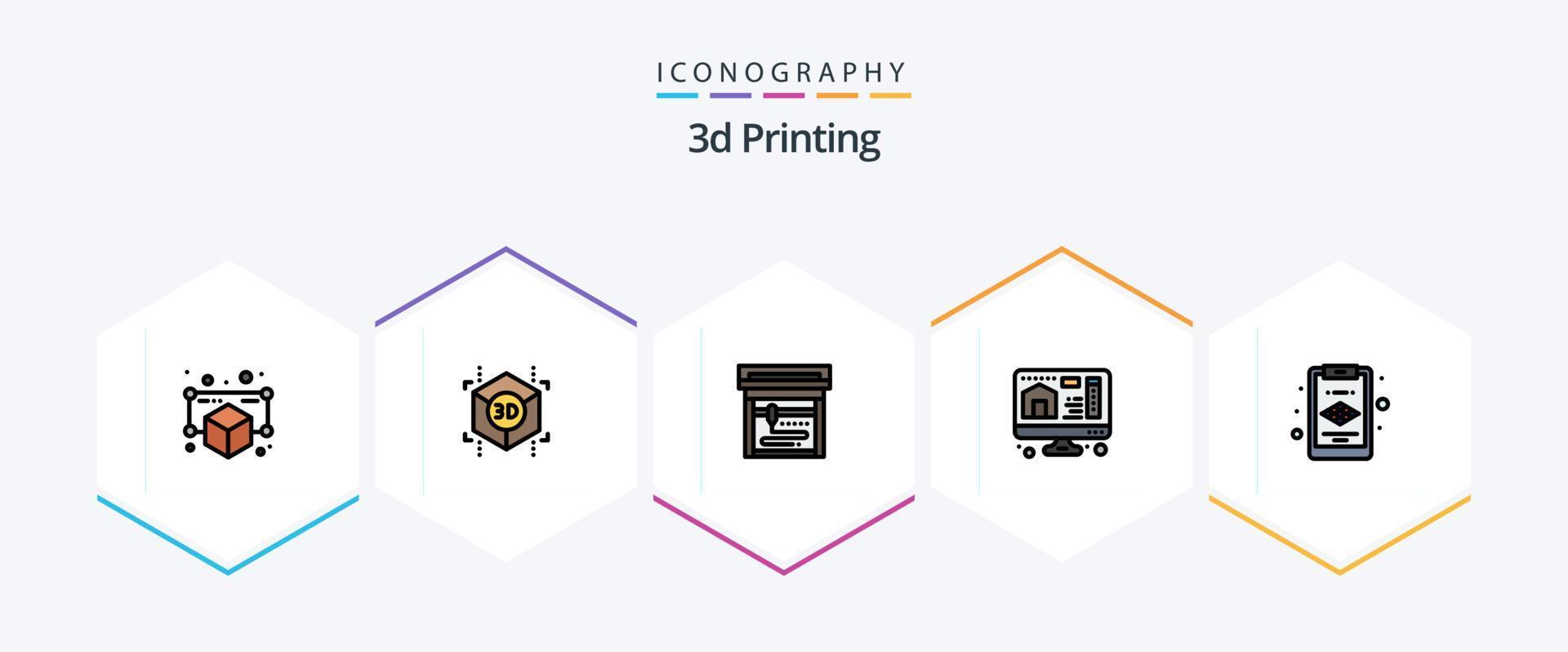 impression 3d 25 pack d'icônes fillline, y compris le presse-papiers. domicile. forme. impression. ré vecteur