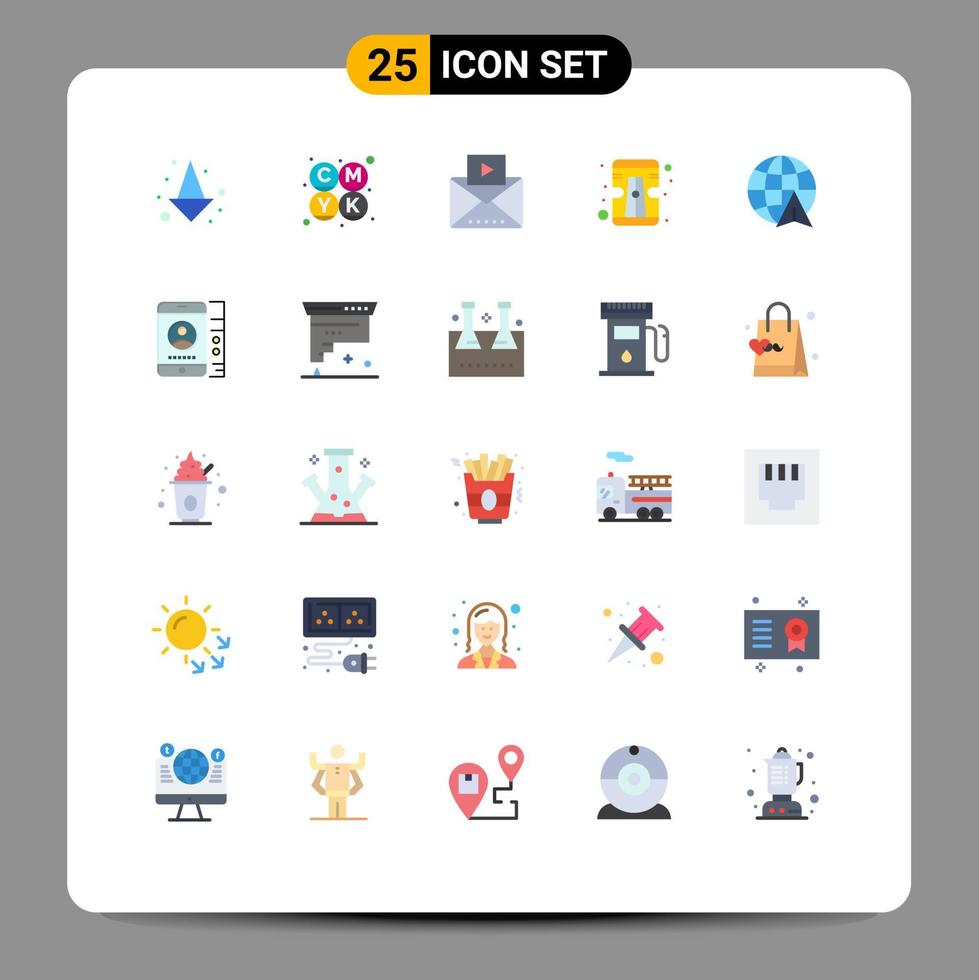 interface mobile couleur plate ensemble de 25 pictogrammes d'éléments de conception vectoriels modifiables d'outil de globe de médias de voyage cellulaire vecteur