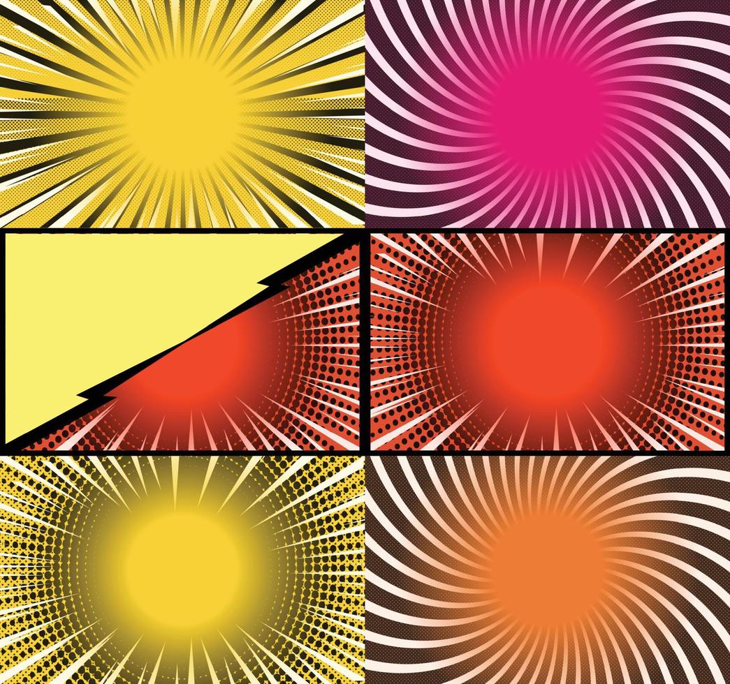 fond de cadres colorés de bande dessinée avec des rayons de demi-teintes effets radiaux et pointillés style pop art vecteur