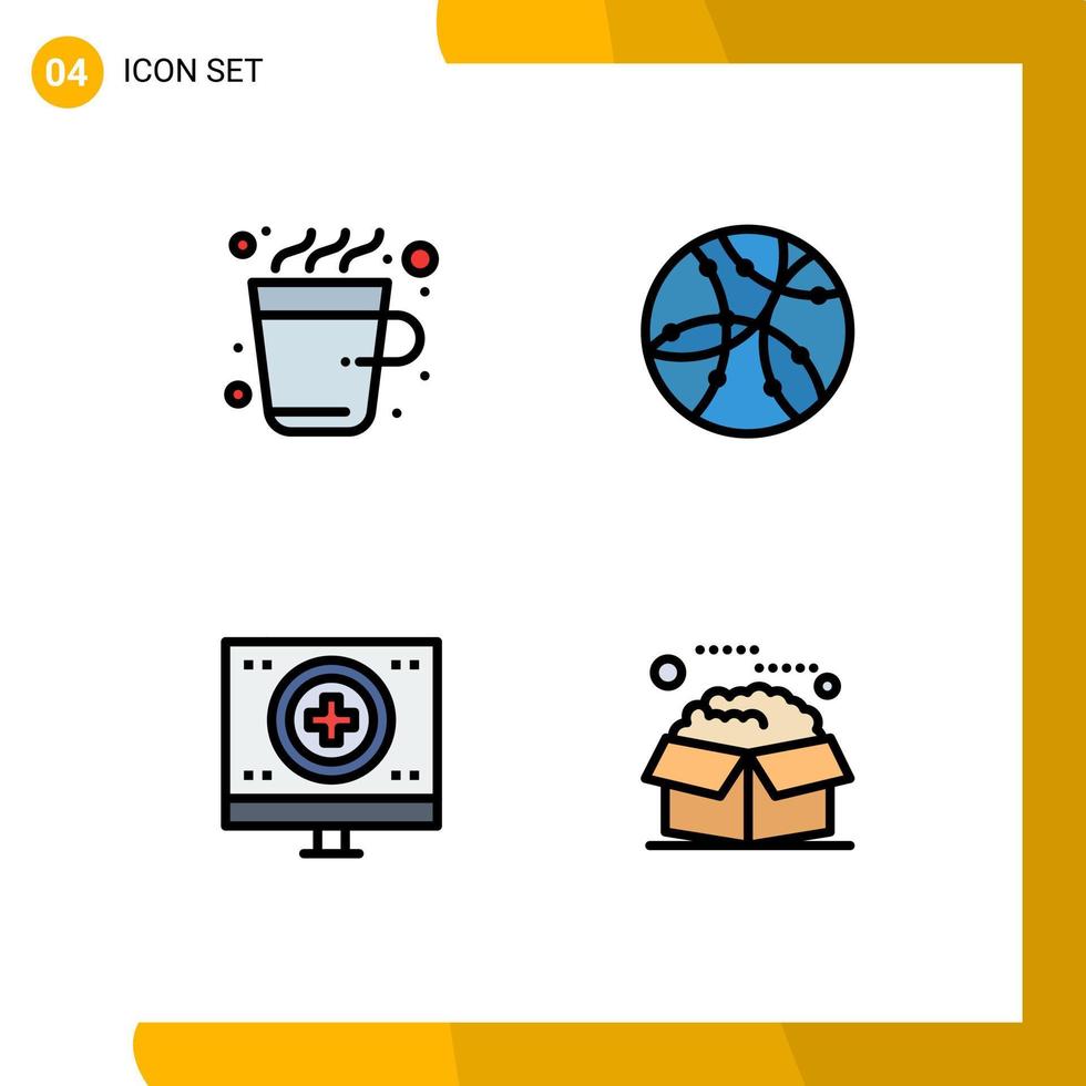 interface mobile fillline plat couleur ensemble de 4 pictogrammes d'éléments de conception vectoriels modifiables médicaux de réseau chaud de café santé vecteur