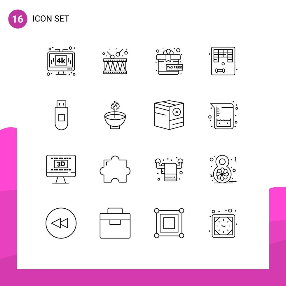 jeu de pictogrammes de 16 contours simples de stockage jouer à la musique jeu arkanoid éléments de conception vectoriels modifiables vecteur