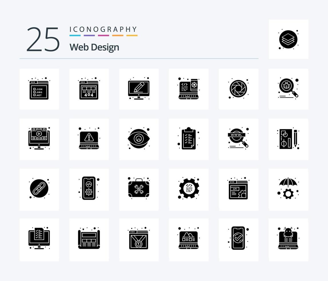 conception web 25 pack d'icônes de glyphes solides, y compris la roue. Couleur. crayon. création de sites web. sensible vecteur