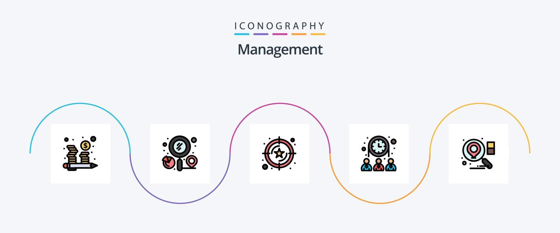 pack d'icônes plat rempli de 5 lignes de gestion, y compris l'emplacement. équipe. Entreprise. personnes. évaluer vecteur