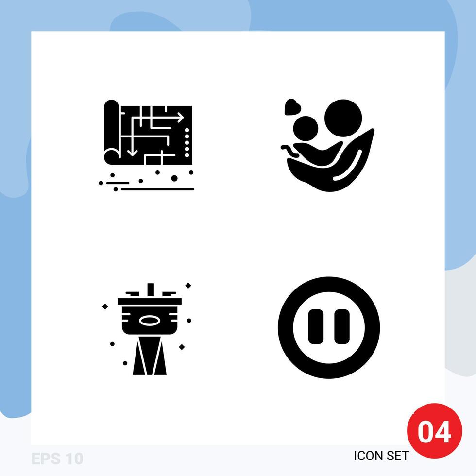 interface mobile glyphe solide ensemble de 4 pictogrammes de plan coeur carte bébé plombier éléments de conception vectoriels modifiables vecteur