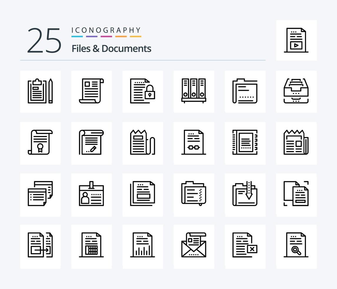 Fichiers et documents Pack d'icônes de 25 lignes, y compris la base de données. archive. Bureau. papier. dossier vecteur