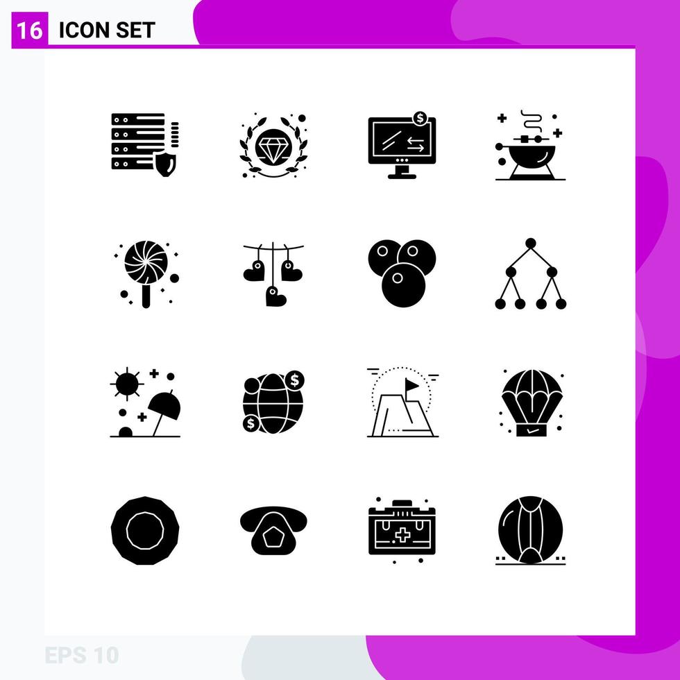 ensemble moderne de 16 pictogrammes de glyphes solides de bonbons anniversaire moniteur grill barbecue éléments de conception vectoriels modifiables vecteur