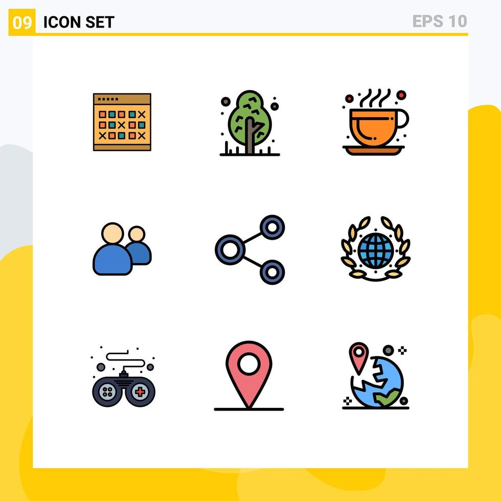 ensemble moderne de 9 couleurs et symboles plats remplis tels que le groupe d'équipe amis de la forêt café éléments de conception vectoriels modifiables vecteur