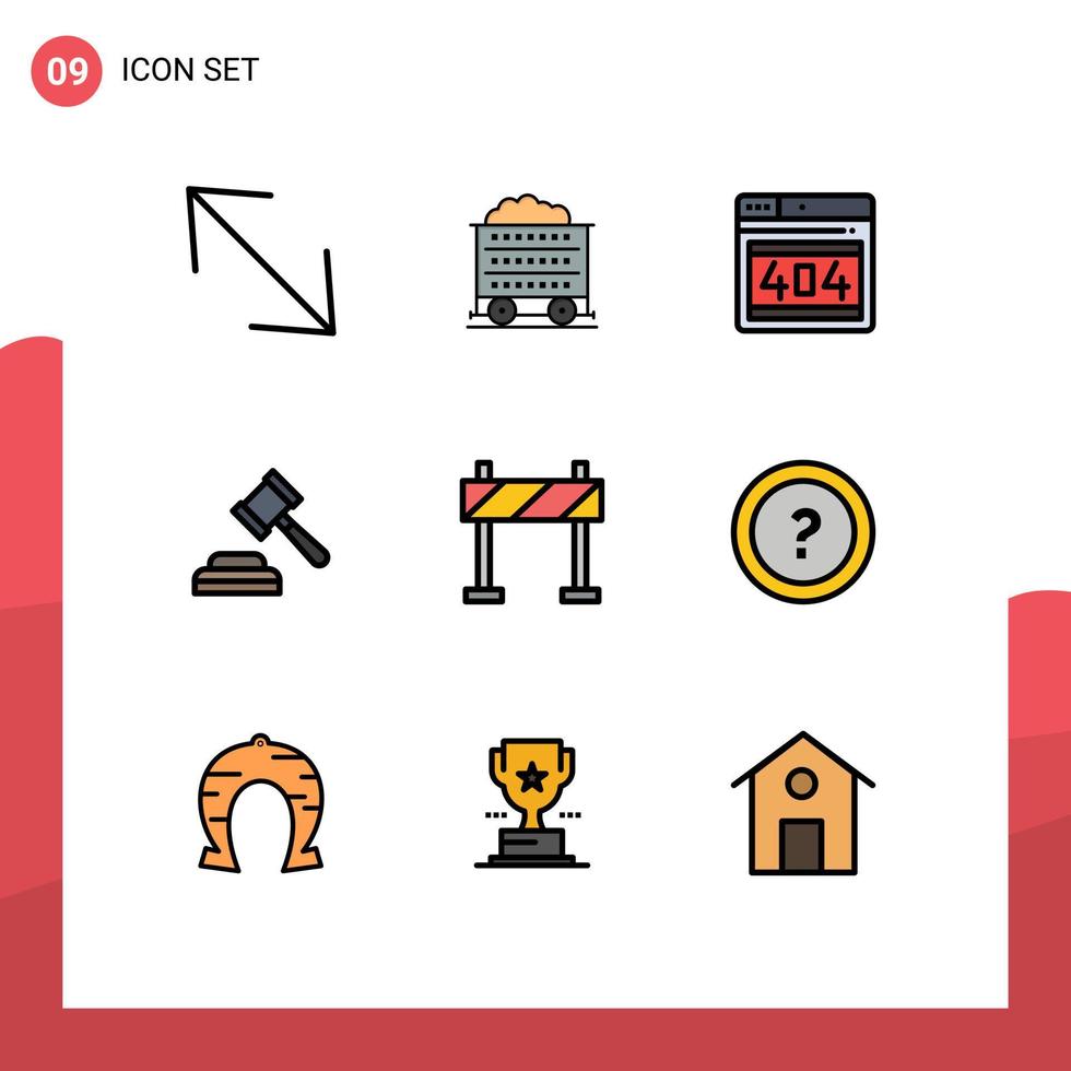 ensemble moderne de 9 pictogrammes de couleurs plates remplies d'environ barrière web barricade juge éléments de conception vectoriels modifiables vecteur