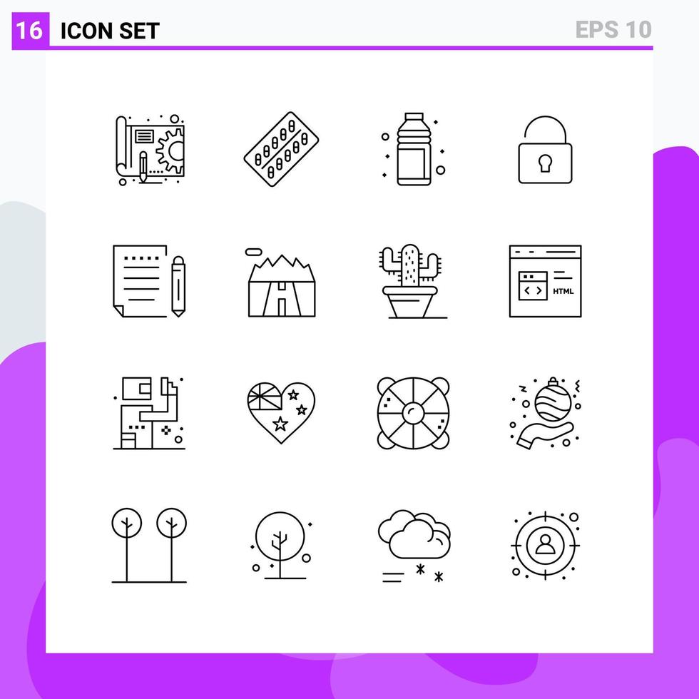 groupe de 16 contours signes et symboles pour la sécurité déverrouiller les éléments de conception vectoriels modifiables de verre à liqueur de vacances de paquet vecteur