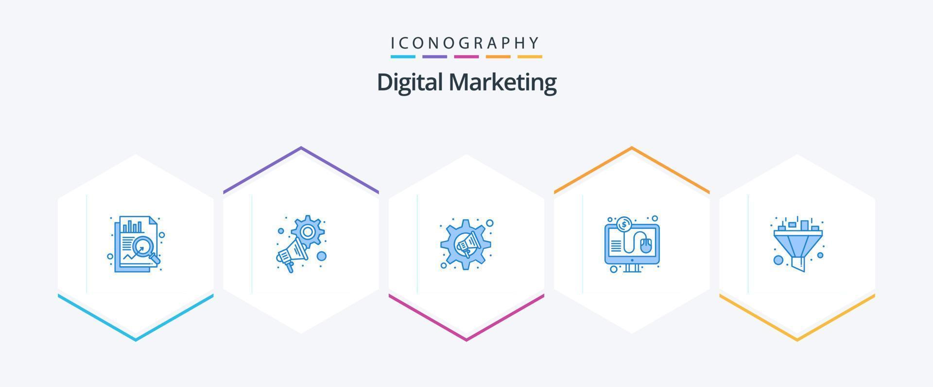 pack d'icônes bleues de marketing numérique 25, y compris le tri. filtre. mégaphone. paiement en ligne. Payer vecteur