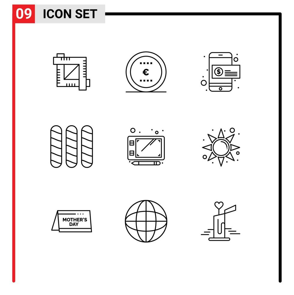 ensemble de 9 symboles d'icônes d'interface utilisateur modernes signes pour les éléments de conception vectoriels modifiables de pain de pièce de monnaie de stylo de tablette vecteur