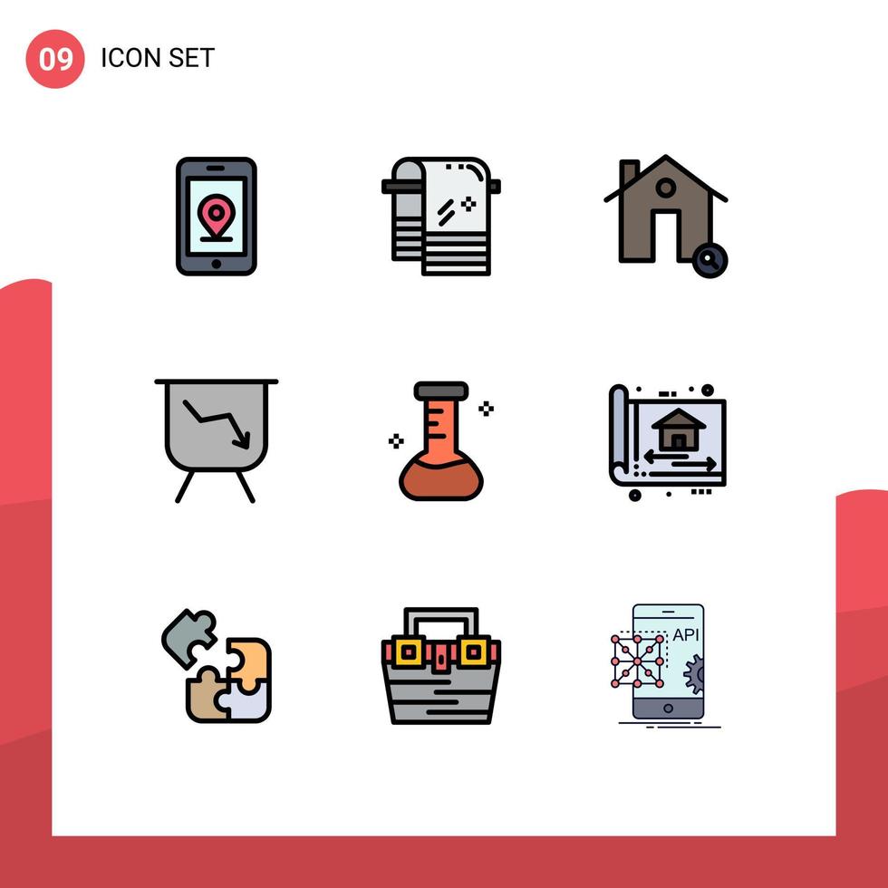 interface mobile fillline plat couleur ensemble de 9 pictogrammes d'éléments de conception vectoriels modifiables du tableau de performance de l'immobilier chimique de laboratoire vecteur