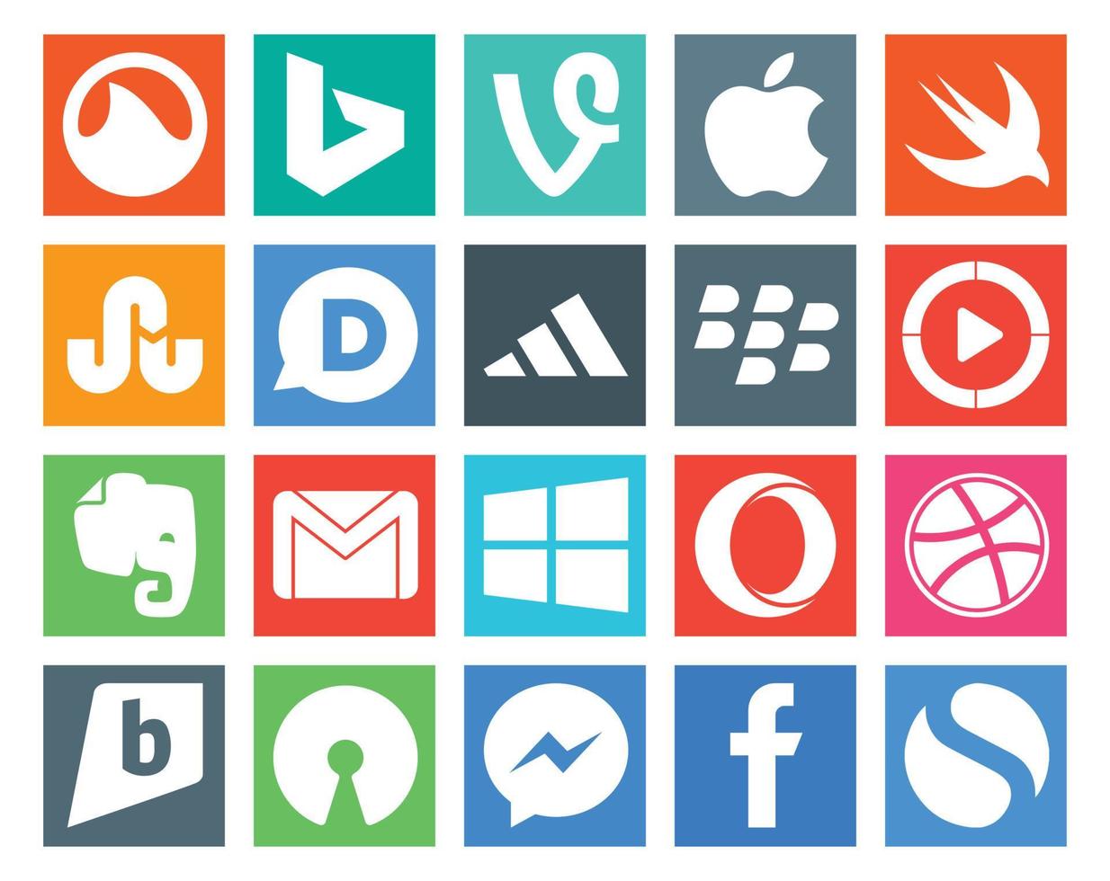 pack de 20 icônes de médias sociaux, y compris dribbble windows blackberry mail gmail vecteur